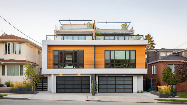 Luxurious modern duplex residential building with wooden cladding and glass railings, real estate
