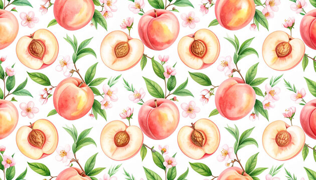 a seamless pattern that incorporates illustrations of peaches along with green leaves, set against a white background