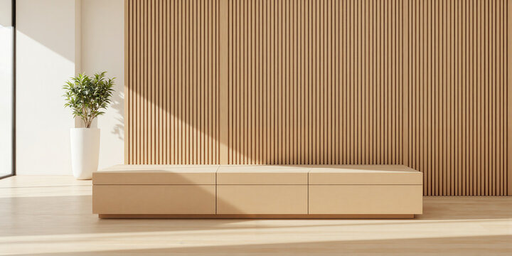 Minimalist Wood Panel Wall Interior Clean interior scene featuring a wall covered in vertical light wood slats next to a