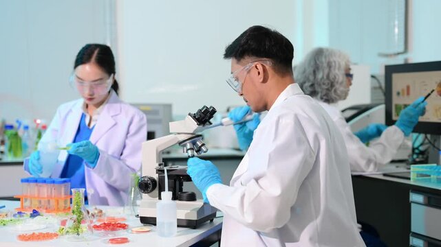 Team nutritionist in lab coat analyzing food and writing in notebook. Healthy eating, organic testing, and nutrition science in a clean lab.