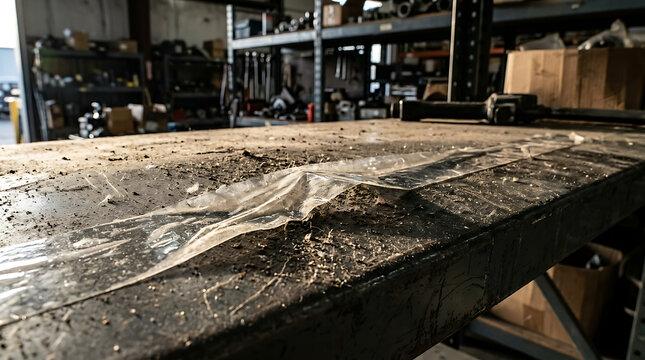 Dusty cellophane tape adhering to a grimy metal surface in a cluttered workshop with tools and shelves