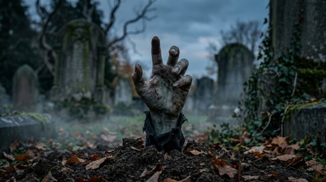 Zombie hand reaching out of grave in spooky cemetery at twilight, with mist and autumn leaves creating a creepy Halloween atmosphere