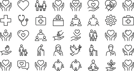Obraz premium Charity and Community Care Line Icon Set with Humanitarian Aid, Family Protection, Medical Support, and Social Service Symbols for Website Designs