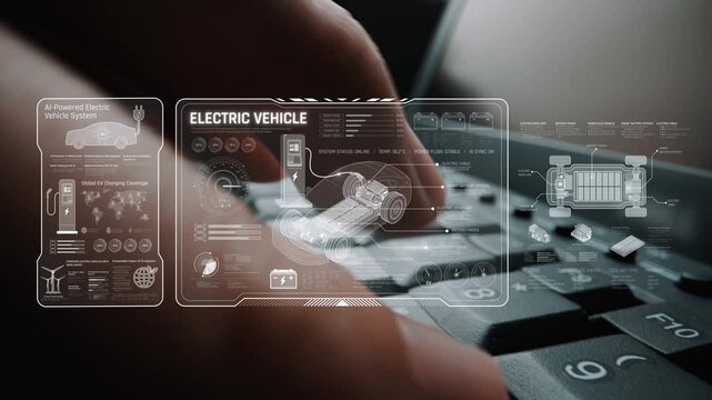 Technical layout of electric vehicle showing battery system, power control, traction motor, charging interface, and integration with renewable and smart energy sources Marrow