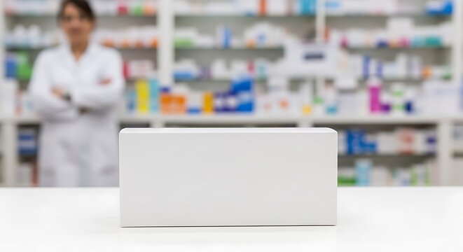 Empty white box on pharmacy countertop with pharmacist in background
