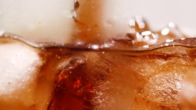 Slow motion closeup pouring cola with ice cubes and bubbles, soft drink texture