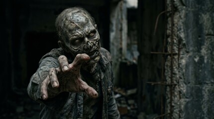 Fototapeta premium Creepy zombie with decaying skin, glowing eyes, and outstretched hand emerging from dark ruins. Halloween monsters, makeup and costumes for the holiday, scary
