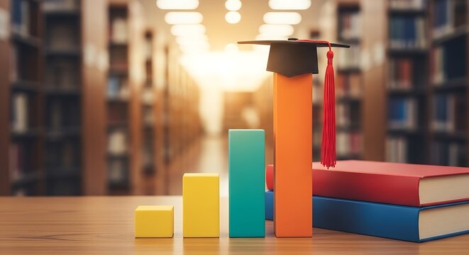 Colorful bar graph with black graduation cap on wooden table in library
