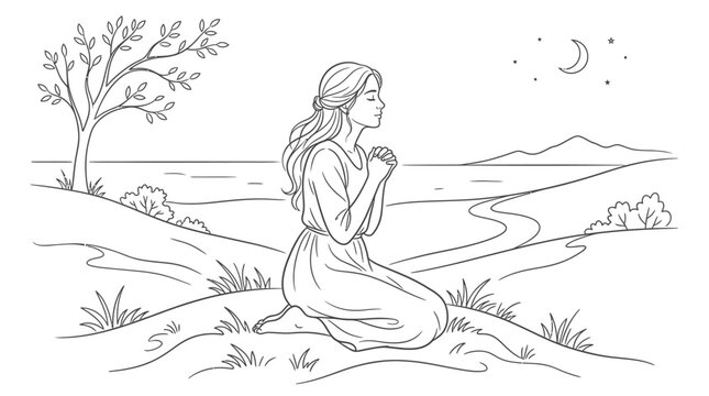 Woman Kneeling in Prayer Outdoors.