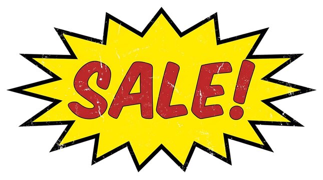 Sale, discount, promotional label, yellow comic burst, red text
