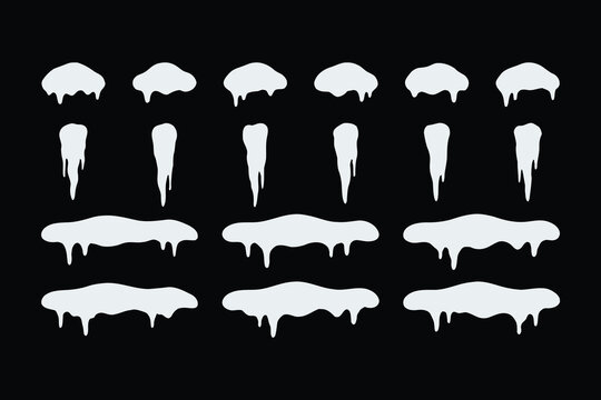winter snow caps icicles dripping melting snowdrift elements vector silhouette flat shape illustration isolated on black