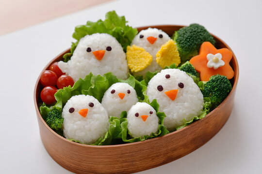 デコ弁 キャラ弁 ひよこのおにぎりが並ぶかわいい手作り弁当