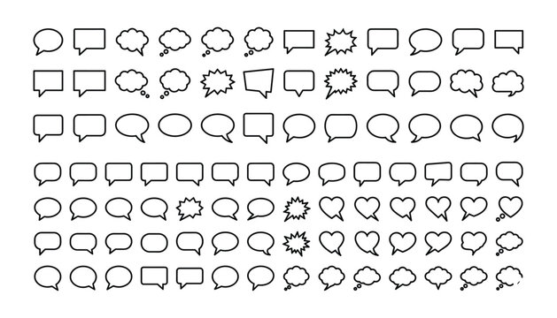 Large set of various outline style speech bubbles and thought balloons