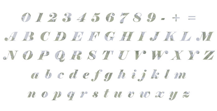 Moss Green Marble Italic Serif Alphabet &mdash; Full A-Z Upper and Lowercase Letters and Numbers 0-9 on Black Background