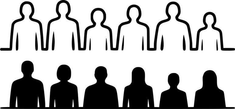 Minimalist people vector illustration featuring black and white group outlines and solid human silhouettes, ideal for community, diversity, and teamwork design concepts.