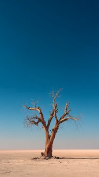 Striking lone dead tree against vast desert and blue sky