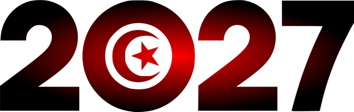 Creative 2027 New Year typography banner featuring the Tunisian flag crescent and star symbol inside the zero, ideal for Tunisia national celebrations and holiday event designs.