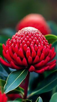 Striking red Waratah flower with lush green leaves in bloom