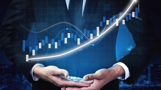 A businessman in a professional suit holds hands together as a digital growth graph with an upward trend appears, symbolizing success and innovation in finance. Copula