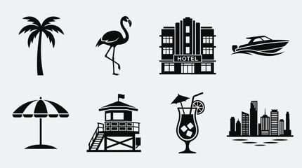 Naklejka premium Miami Landmarks Vector Icons Palm Tree Flamingo Art Deco Hotel Speedboat Beach Umbrella Lifeguard Tower Cocktail Glass Skyline Tropical Culture Travel Design Collection