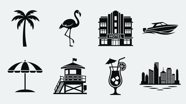 Miami Landmarks Vector Icons Palm Tree Flamingo Art Deco Hotel Speedboat Beach Umbrella Lifeguard Tower Cocktail Glass Skyline Tropical Culture Travel Design Collection