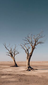 Weathered dead trees stand tall on dry desert ground under clear sky