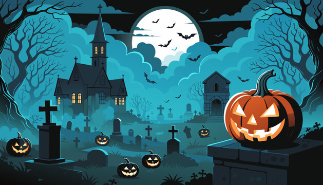 Spooky Halloween graveyard background with glowing jack o lantern, full moon, and church vector.