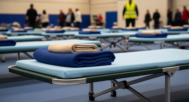 Rows of blue cots with folded blankets in temporary shelter setup