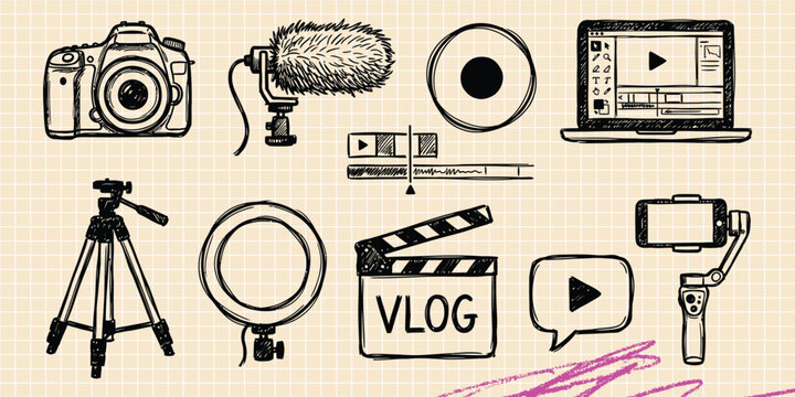 Black ink scribble doodle vector vintage hand drawn set of photography camera photo video studio picture lens flash and digital equipment capture