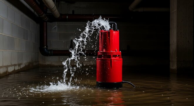 Red submersible water pump ejecting water in flooded basement