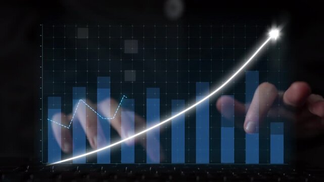 A modern financial growth chart prominently displays an upward trend, showcasing business success through data analysis and digital elements, emphasizing progress. Copula