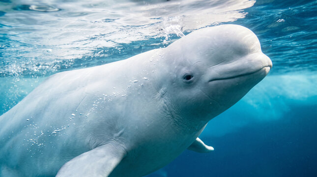 Beluga whale swims underwater with a gentle expression in clear blue ocean water environment