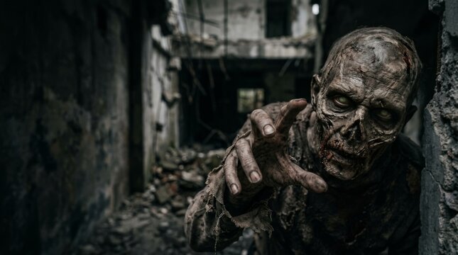 Creepy zombie with decaying skin, glowing eyes, and outstretched hand emerging from dark ruins. Halloween monsters, makeup and costumes for the holiday, scary