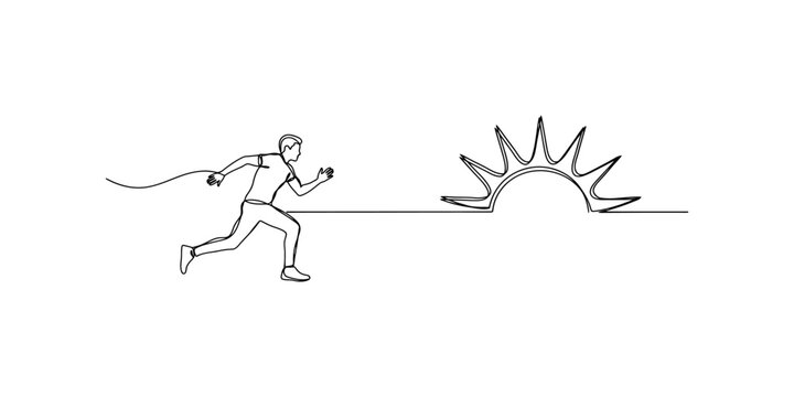 Man running towards a stylized sun, one line drawing