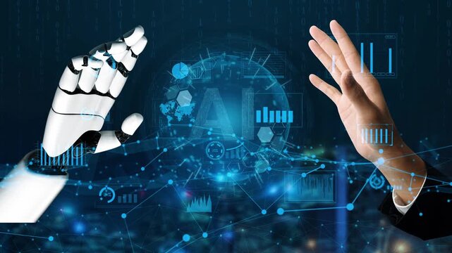 This image illustrates the interaction between a human hand and a robotic arm, symbolizing collaboration in technology and data analysis in a digital landscape. Xenic
