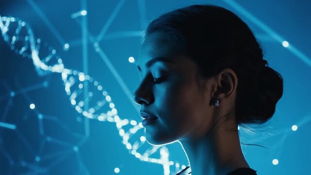 young woman face and neon glowing dna molecule on blue background