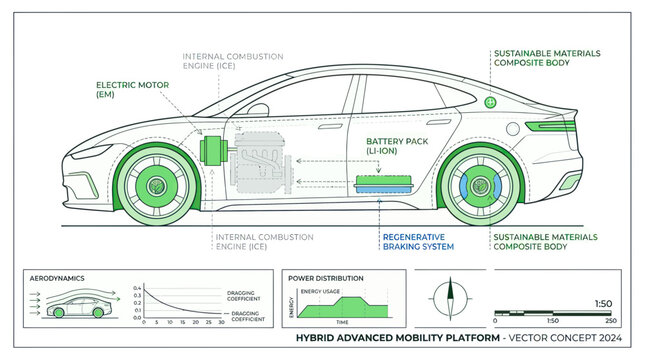 Hybrid Advanced Mobility Platform Vector Concept 2024 - Electric Car Schematic