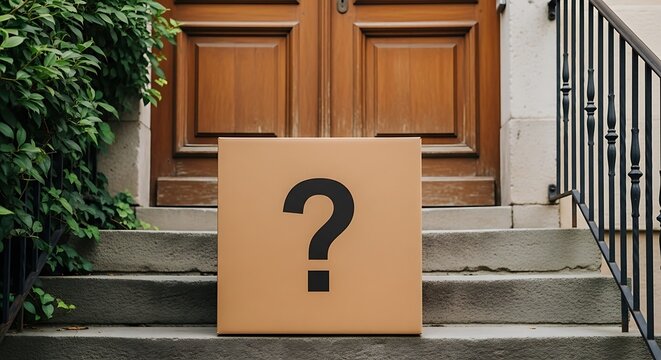 Large brown cardboard box with black question mark on outdoor stone steps