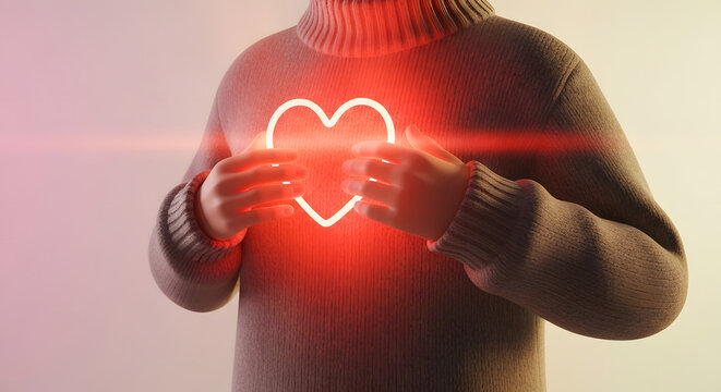 Person holding glowing red heart symbol in soft pink light for love and care concept