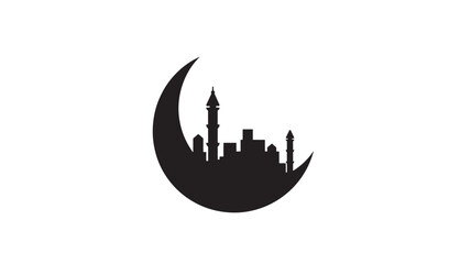 Moon Skyline Silhouette Icon with Black Mosque Towers and Domes on Simple White Background Featuring Crescent, Minaret, Dome with Tower and Islamic © Harry 