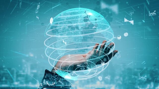 A hand grasps a semi-transparent globe adorned with digital and technical symbols, embodying the essence of modern technology and global communication. Xenic