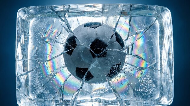 Soccer ball frozen inside cracked ice cube on blue background with light effects