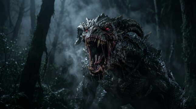 Ferocious fantasy creature with glowing red eyes and gaping maw in a dark, misty forest at night