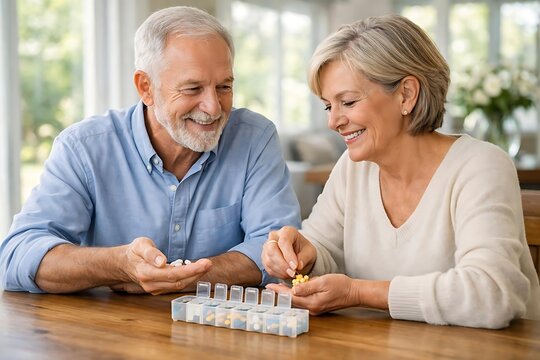 Senior couple organizing weekly medication planner for healthy aging