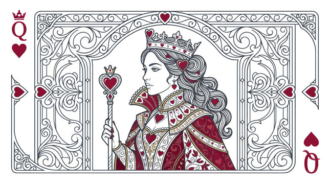 Queen of Hearts playing card, elegant illustration with regal woman and ornate frame