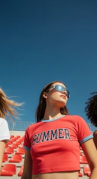 Low-angle portrait of a stylish young woman in a retro red "SUMMER" ringer t-shirt and sports sunglasses at an outdoor stadium.