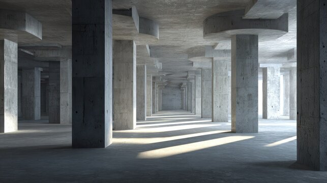 Numerous stark concrete support pillars create a repeating architectural pattern in a vast subterranean space