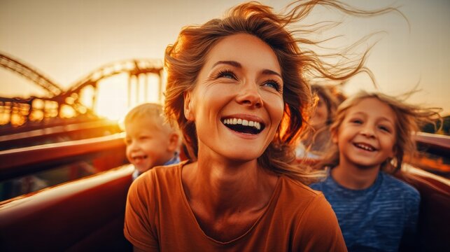 Joyful family enjoying a thrilling roller coaster ride at sunset.
