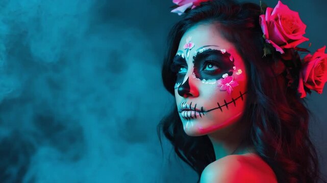 Young woman with sugar skull makeup with a wreath of red roses on her head and skull on dark background with smoke. concept of Halloween or day of the dead.