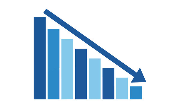 Minimalist blue bar chart with a downward arrow showing a negative trend on a white background. Business and financial loss concept